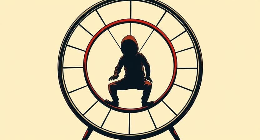 An illustration of a faceless figure trapped in a hamster wheel, symbolizing the struggle of chasing perfection