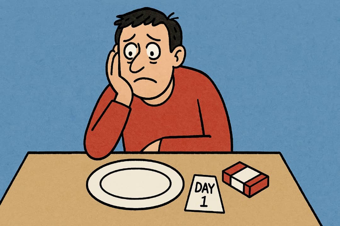Man sitting at a table with empty plate and cigarette packFeatured Image Description:
This image shows a man sitting alone at a table. There is an empty plate and a cigarette pack in front of him. He looks confused and tired. The blue background shows a calm but serious tone. This picture shows how people feel when trying to stop a strong habit.Featured Image Title:
Confused Man with Habit Items