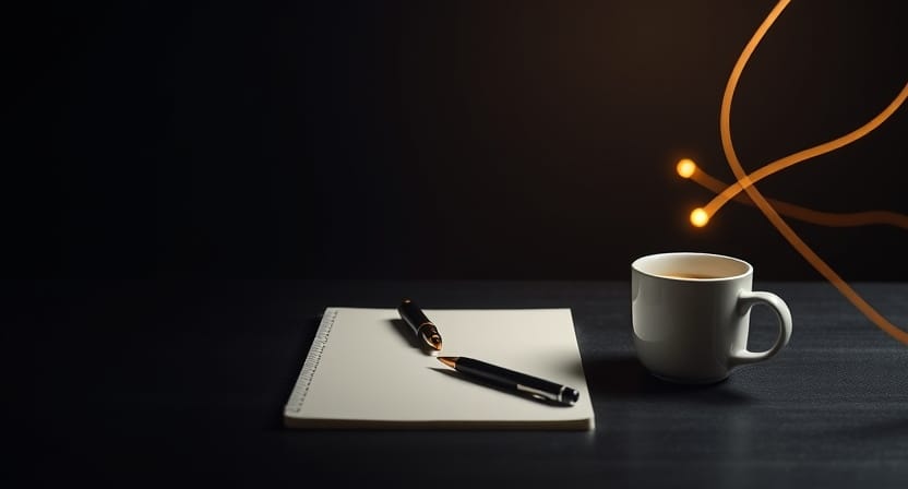 Artistic representation of content marketing strategy with a pen, notepad, and dynamic light trails symbolizing creativity. - AI Generated Image