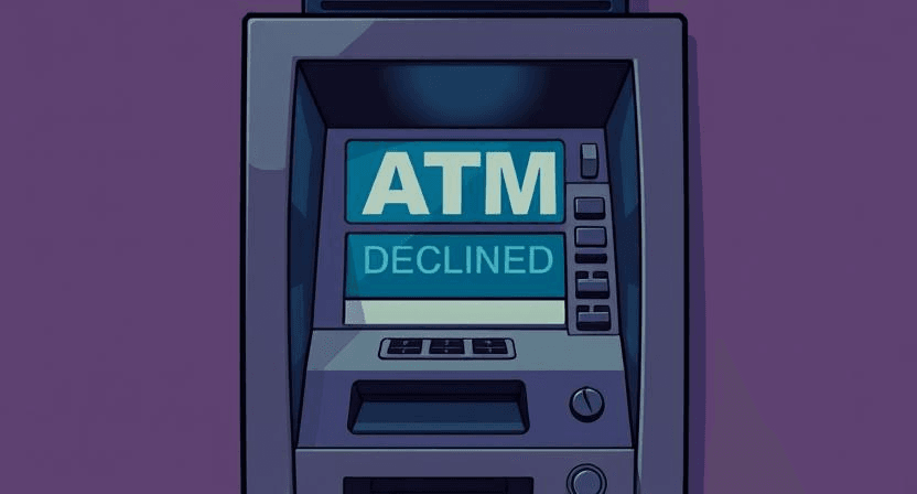 Illustration of a declined ATM machine showing financial hardship