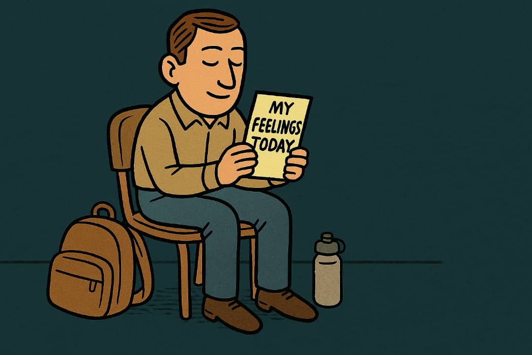 A person reading a small guide about emotions and self-control.Featured Image Description:
The image shows a calm person sitting in a quiet room. They are reading a short paper titled “Understanding Emotions.” A water bottle is beside them. The background shows a plain wall, showing a peaceful space.Featured Image Title:
Person Reading on Emotional Control