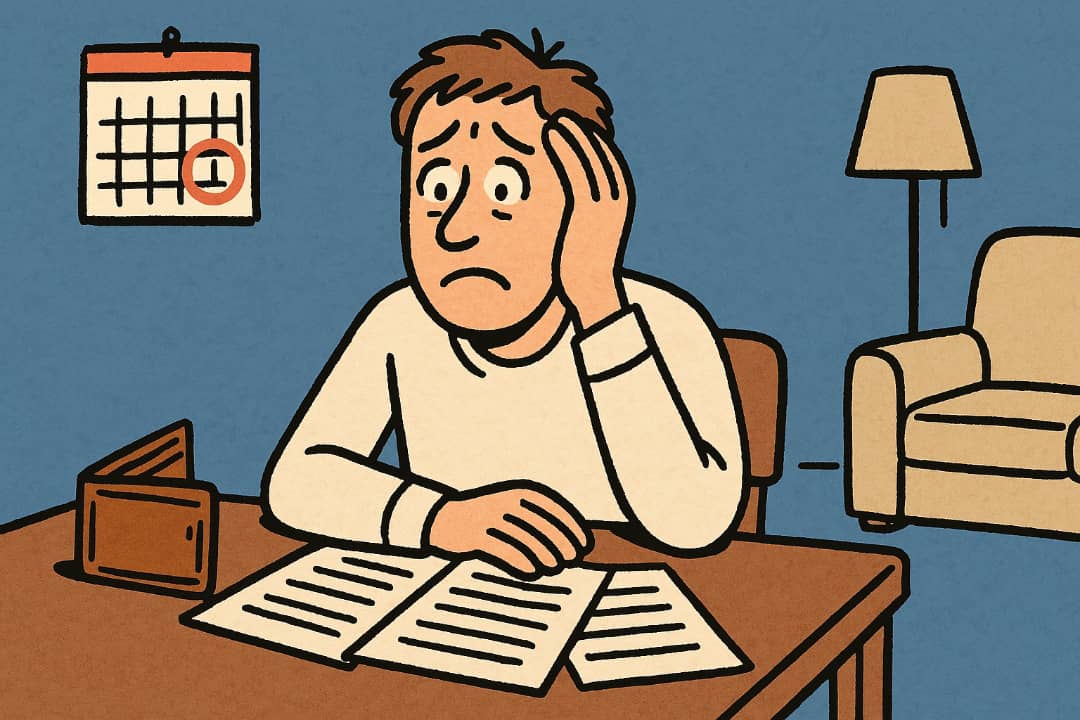 A worried person sitting at a table with empty wallet and unpaid bills.Featured Image Description:
The image shows a man sitting alone at a small wooden table. His wallet is open and empty. Paper bills are spread on the table. His face looks tired and worried. The background is a small room with dim light.Featured Image Title:
Man with Empty Wallet and Bills