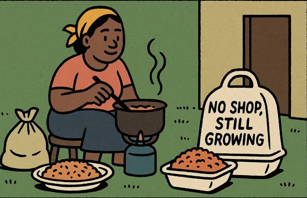 Woman cooking food in outdoor space for customers.Featured Image Description:
The image shows a woman preparing food outside her house. She uses a gas stove and has bowls of ingredients around her. She is working cleanly and focused. This shows how small entrepreneurs start their business from home.Featured Image Title:
Home-based Food Seller Cooking