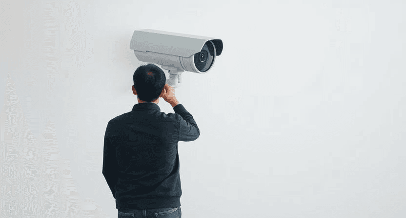 Person blocking a security camera with an object to disrupt its view. This image was digitally created.