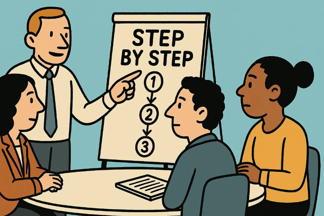 Man leading a small team with clear communicationFeatured Image Description:
The image shows a calm man standing before three people. He is pointing to a simple board with written steps. The others are listening with interest. The setting is a small office with papers and a table. This shows how leadership can happen in simple ways.Featured Image Title:
Man Leading With Calm Steps