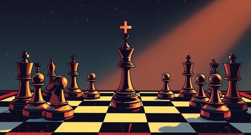 Minimalist illustration of a chessboard with digital elements representing internet strategy