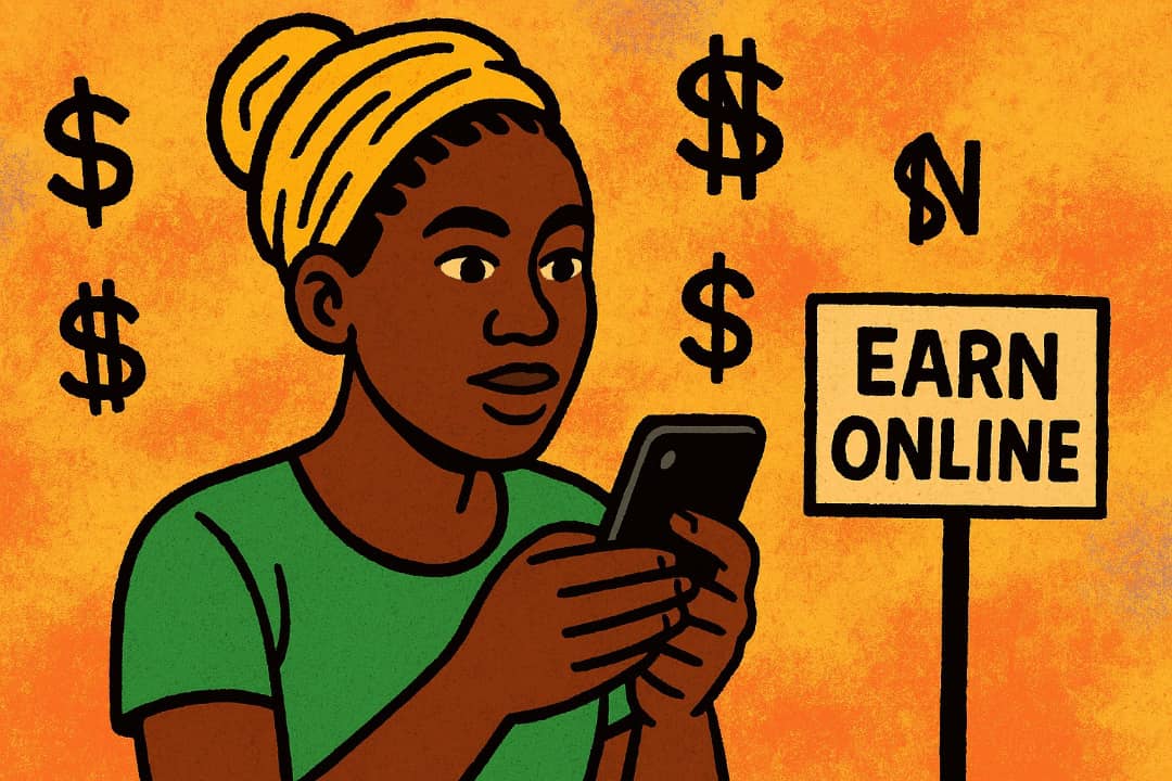 Nigerian person holding phone and using online money apps.Featured Image Description:
The image shows a Nigerian person using a smartphone to access online platforms for earning money. They look focused while working from home.Featured Image Title:
Making Money Online with Phone