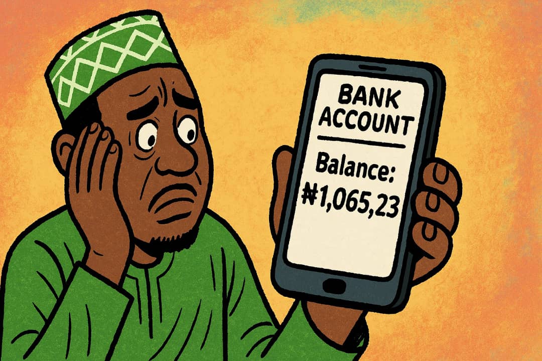 Nigerian man using mobile phone to check bank account details.Featured Image Description:
The image shows a Nigerian man looking at his bank account on his phone, being careful and alert to avoid problems like fraud or unexpected charges.Featured Image Title:
Man Checking Bank Account