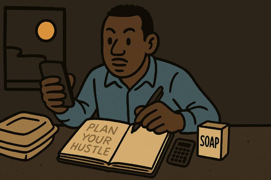 Young Nigerian man writing in notebook and checking phoneFeatured Image Description:
This image shows a young man working on his side hustle. He sits at a simple table with a phone and a notebook. His face shows focus and planning.Featured Image Title:
Man Working on Side Hustle