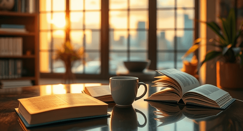 A peaceful indoor setting symbolizing mental travel, featuring books, a coffee cup, and a window with a cityscape or nature view. The image represents self-discovery and exploration without the need for physical travel. This image was digitally created.