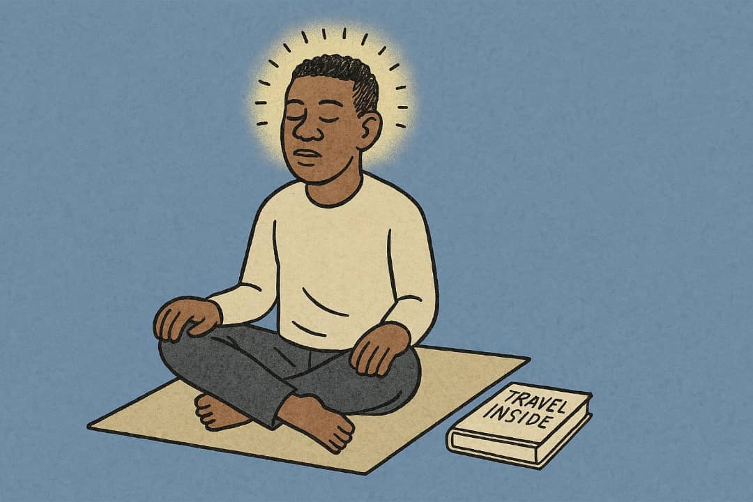 A man sitting alone with a book, looking calm and thoughtful.Featured Image Description:
The image shows a man sitting quietly with a book in hand. He looks calm and focused. There is no noise around him. He is using his mind to think about something far away. The background is plain and peaceful. This shows how someone can use mental travel to relax and understand life better.Featured Image Title:
Man Thinking with Book in Hand