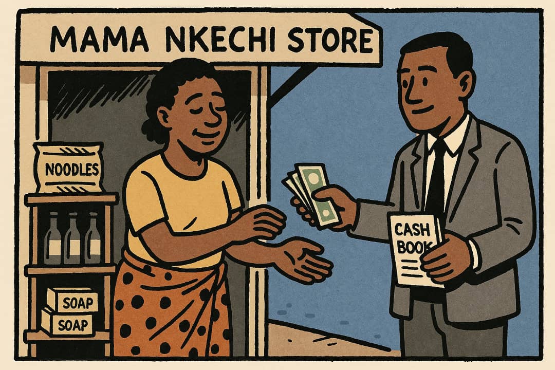 Woman in small shop collecting business loan from loan officerFeatured Image Description:
This image shows a small shop where a woman is collecting a cash loan from a loan officer. The shop has food items on the shelf, and the officer is holding a small booklet. The woman is smiling, and a signboard behind her shows the name of her business.Featured Image Title:
Shop Owner Collecting Business Loan