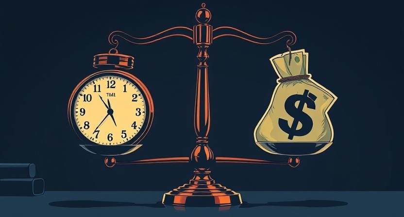 An illustration of a person balancing time and money, representing smart work over hard work.