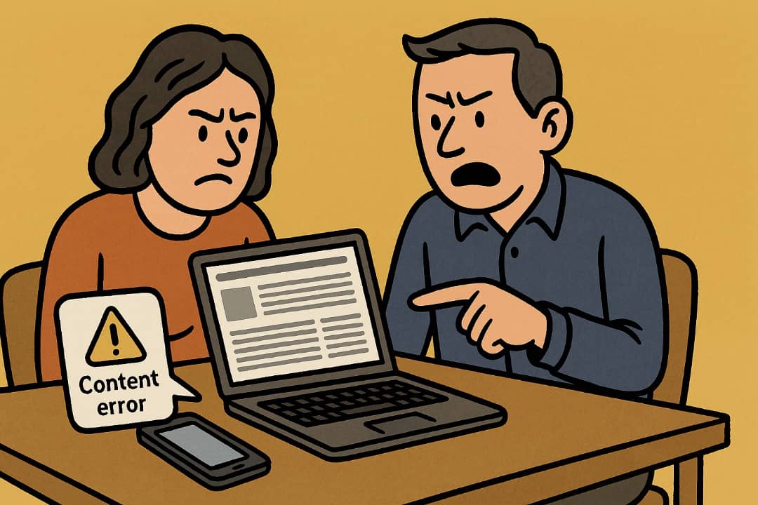 Man and woman staring at a website with too much text and no headings.Featured Image Description:
The image shows a man and a woman sitting at a table, both looking confused while reading a website on a laptop. The screen shows long blocks of text with no headings or space, and one of the headings is misspelled. The room is dimly lit to show discomfort. A phone beside them shows a warning about “Poor Content”.Featured Image Title:
Confusing Website Content Problems