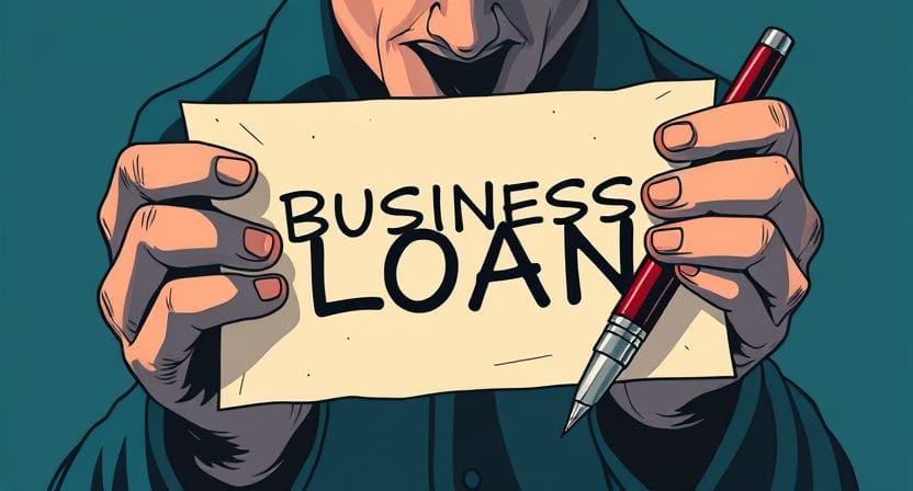 An illustration of financial stress with a heavy pen on a contract labeled Business Loan.