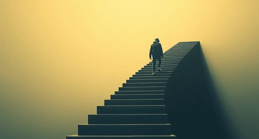 Illustration of a person endlessly climbing stairs, symbolizing the exhausting pursuit of success