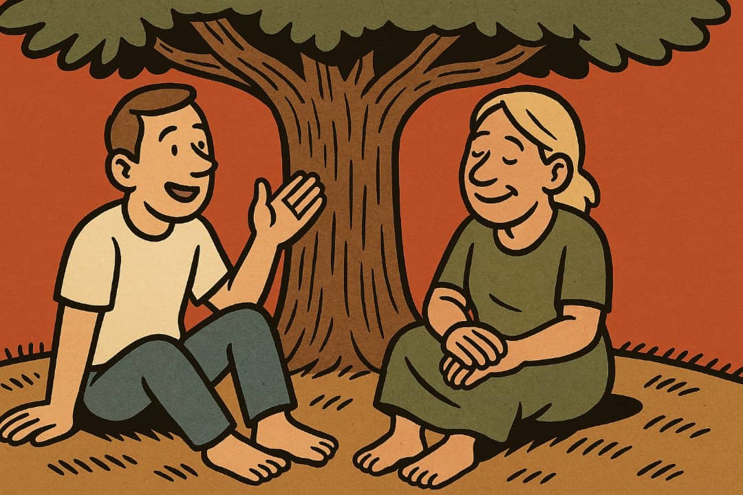 Two people talking under a tree quietlyFeatured Image Description:
This image shows two adults sitting under a tree in a quiet place. One person is speaking while the other listens kindly. They are both dressed in simple clothes. Their faces look peaceful and the place looks quiet and safe.Featured Image Title:
Peaceful talk under tree