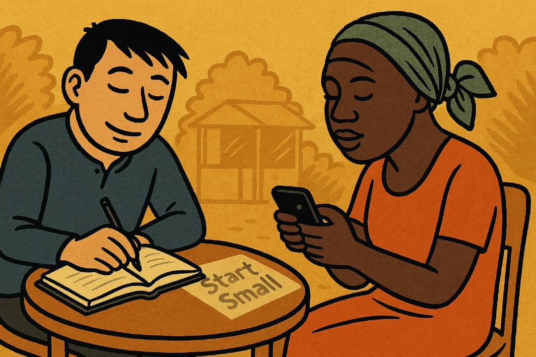 Man writing ideas in book and woman checking phoneFeatured Image Description:
The image shows a man writing with a pen in a notebook. he looks calm. A woman sits beside him. She holds a small phone and smiles. They are sitting on a bench near a small kiosk with soft lighting. This shows planning and learning during tough times.Featured Image Title:
Planning during hard times