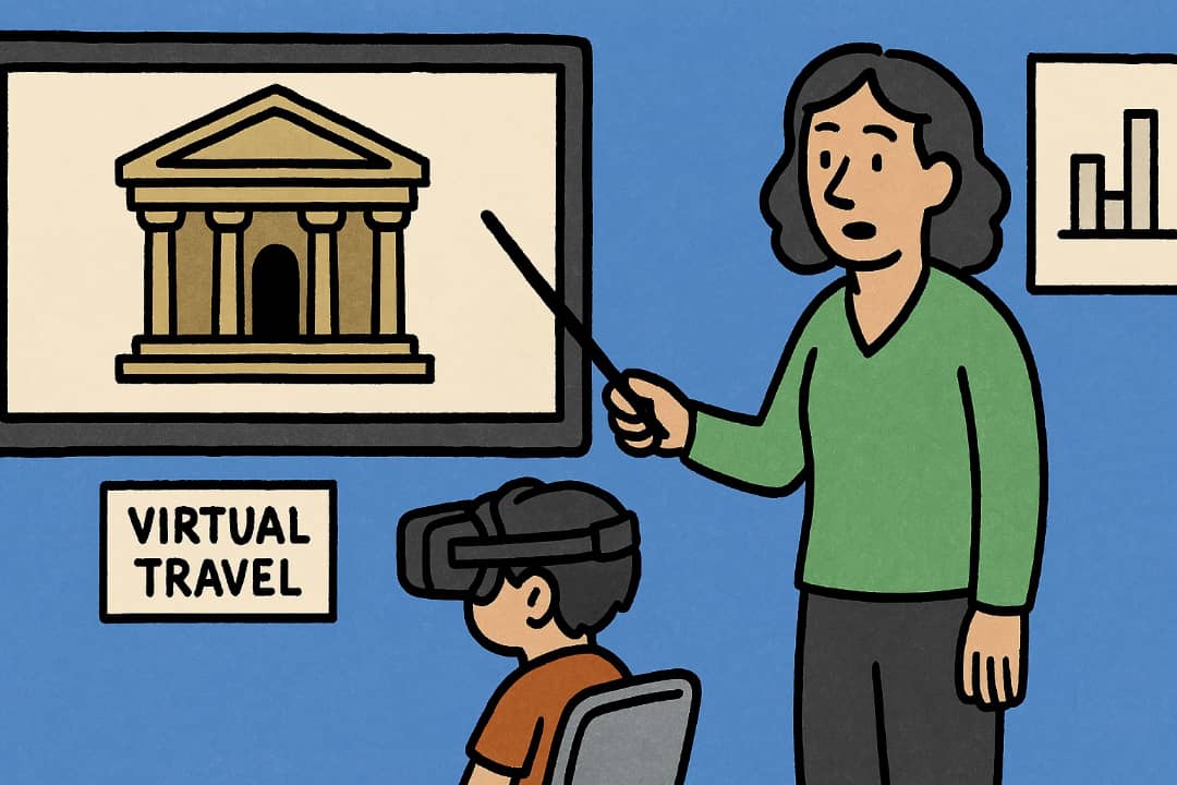 Student using VR headset to explore a virtual museum tourFeatured Image Description:
The image shows a school child seated on a plastic chair in a classroom, wearing a black VR headset and looking ahead. The background has a wall projector showing an image of an old museum interior. The child is alone, holding a remote in one hand, and appears focused.Featured Image Title:
Student in Virtual Tour Experience