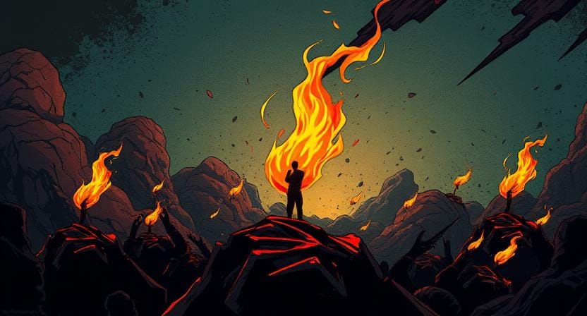 Illustration of a person standing strong before flames, representing embracing chaos for growth