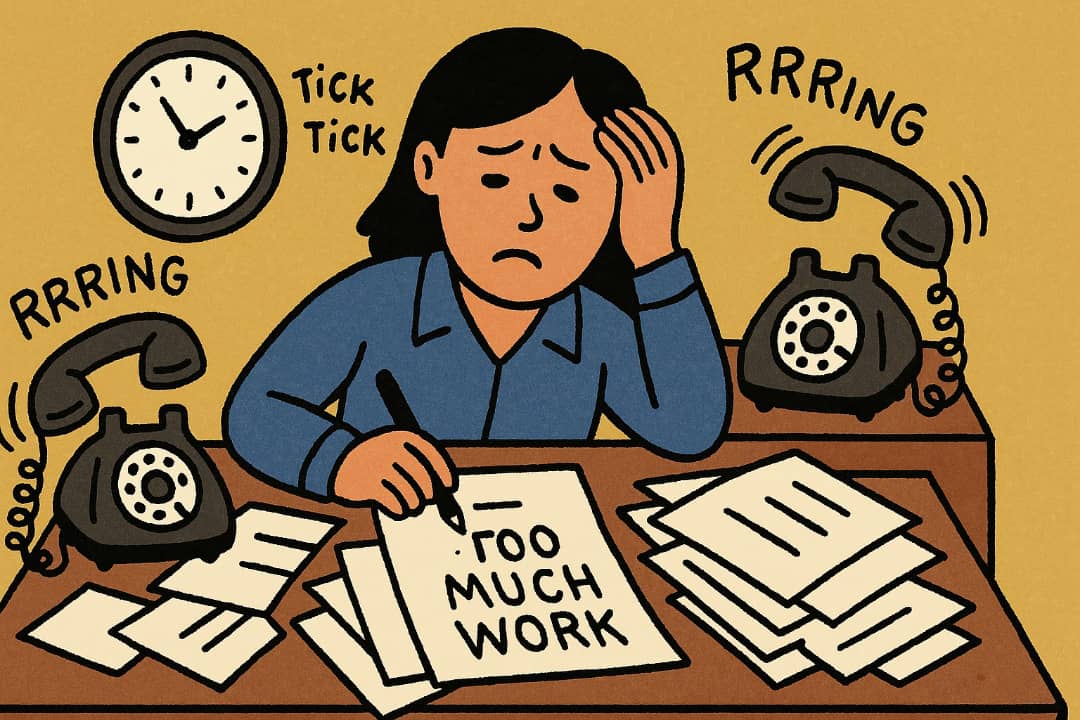Stressed woman with many papers and phone callsFeatured Image Description:
The image shows a tired-looking woman sitting at a desk filled with scattered papers, a ringing phone, and an open notebook. She looks overwhelmed. The scene shows how too many tasks can make someone tired and confused.Featured Image Title:
Woman overwhelmed by too much work
