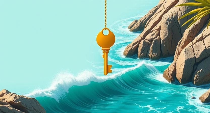 Minimalist golden key over Albanian coastline, representing undiscovered tax loophole opportunities.