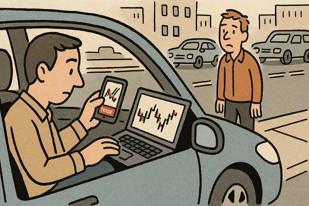 Man sitting in car with laptop and phone tradingFeatured Image Description:
The image shows a man sitting in his car using a laptop and mobile phone. The laptop is open with charts on the screen. His phone shows a trading app. He is parked on the roadside, focused on his screen.Featured Image Title:
Man Trading in Car