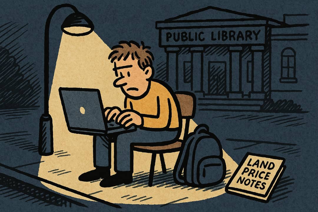 Man sitting outside building using laptop under dim lightFeatured Image Description:
The image shows a young man sitting outside a large public building, using his laptop at night. He is close to the wall where Wi-Fi signal is strong. A backpack and notepad are beside him. This is where he learns about land and real estate every day.Featured Image Title:
Man Learning Real Estate Online