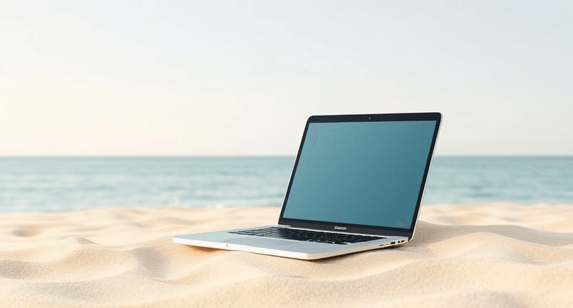 Minimalist illustration of a laptop on a beach, representing work-from-anywhere ghost jobs and remote freedom.