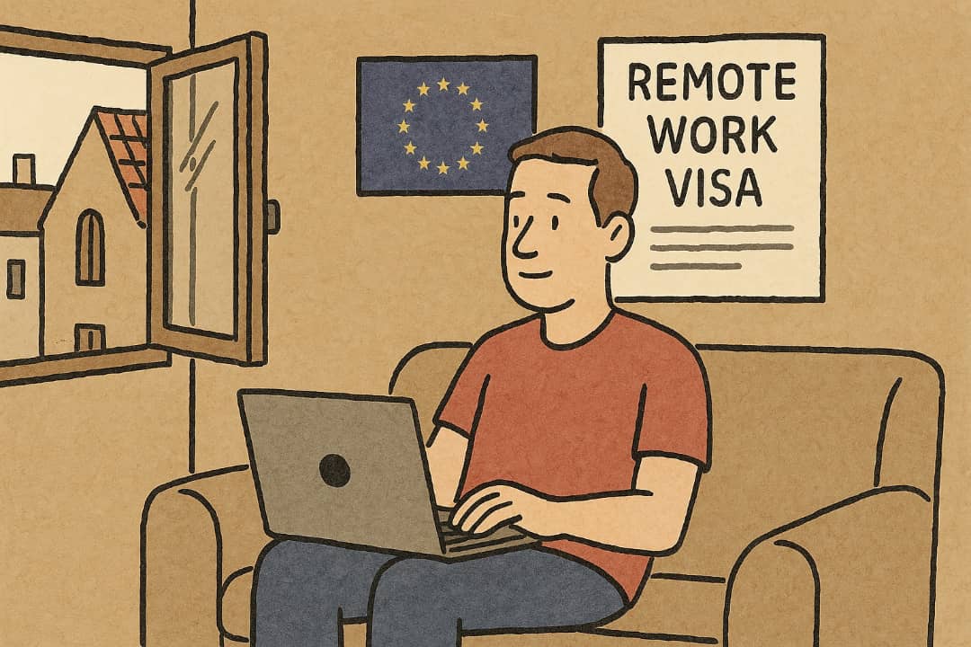 Remote worker sitting on sofa using laptop in European-style house.Featured Image Description:
The image shows one adult using a laptop while sitting on a couch in a bright, tidy room. There is a large window and a small table beside the person. The setup shows a calm place for remote work inside a European-style home.Featured Image Title:
Remote worker in quiet EU home