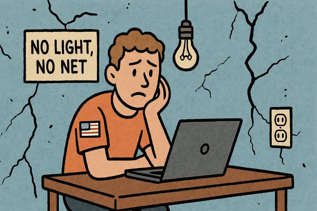 Digital nomad sitting inside a broken room with no power or internetFeatured Image Description:
The image shows a young person sitting alone in a damaged room. The room has no light, fan, or working tools. The person's face looks stressed. There is a small table with a closed laptop. The place looks hot and uncomfortable.Featured Image Title:
Digital nomad facing housing issues