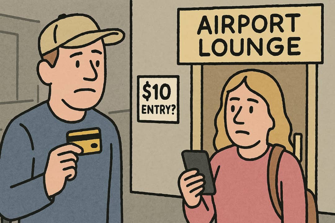 Travelers trying to enter airport lounge using card and appFeatured Image Description:
The image shows two air passengers standing near an airport lounge entrance. One is holding a credit card, the other is looking at a phone screen. Both look curious and hopeful. There is a sign showing lounge access conditions beside the door.Featured Image Title:
Travellers at lounge entrance