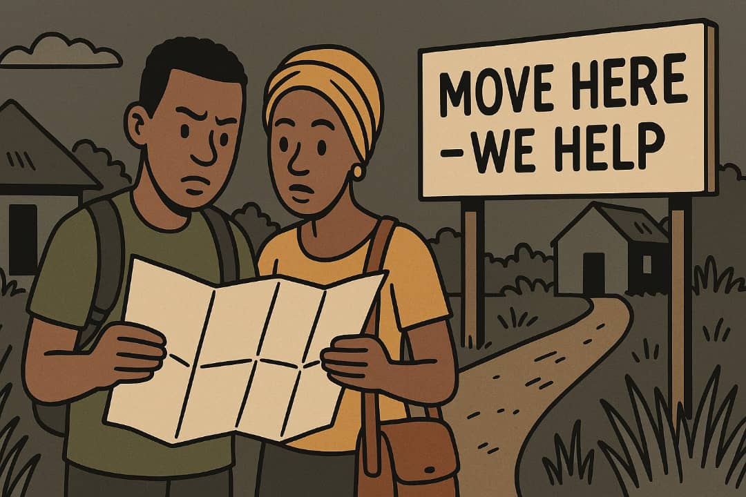 Man and woman with a map beside a town welcome signFeatured Image Description:
This image shows a Nigerian man and woman looking at a paper map. They are standing beside a large signboard that says “Move Here – We Help.” The background shows small empty houses in a quiet area. It represents how some towns are inviting new people to live and work there.Featured Image Title:
Couple planning move with map