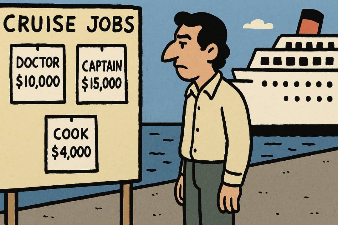 Italian man reading cruise job offers with monthly pay in dollarsFeatured Image Description:
The image shows a Italian man standing beside a job board that lists cruise ship job roles and their salaries in U.S. dollars. The background shows part of a cruise ship docked at the port. The scene represents someone planning to apply for cruise ship work.Featured Image Title:
Italian man checks cruise ship jobs