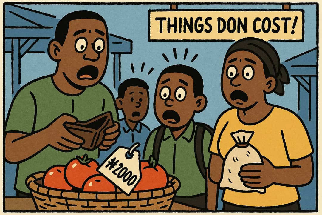 A family standing in front of a market stall showing high food pricesFeatured Image Description:
The image shows a Nigerian man, woman, and child looking at a small basket of food with high prices written on tags. The family appears worried. The background shows a local market setting with low lighting to reflect stress. The image shows how inflation makes daily life harder.Featured Image Title:
Family Facing High Market Prices
