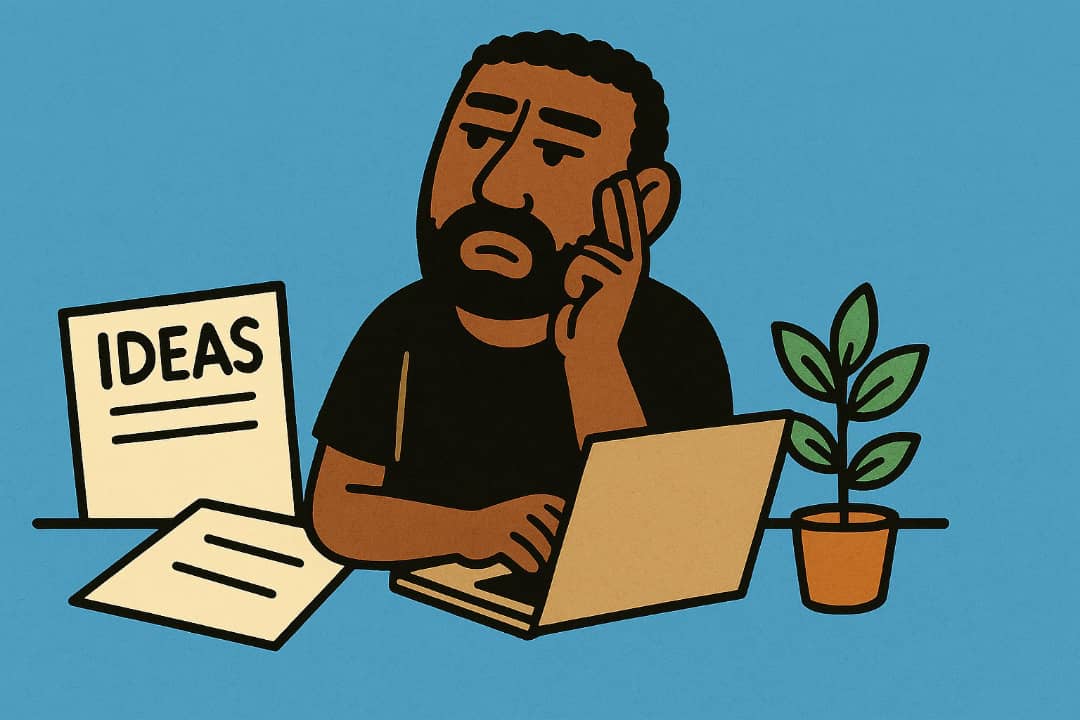 A man sitting quietly with documents, thinking deeplyFeatured Image Description:
The image shows a calm man in a simple shirt sitting on a chair with some documents and a laptop on a small table beside him. His face looks focused as he thinks. The background is blue, showing a peaceful outdoor setting. The scene gives a picture of someone planning something quietly and seriously.Featured Image Title:
Man thinking beside documents
