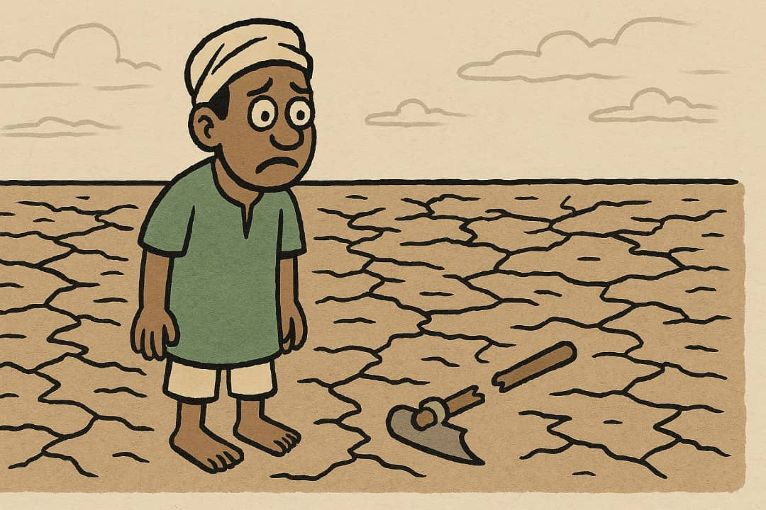 A farmer in Nigeria looking at empty dry land with no crops.Featured Image Description:
The image shows a Nigerian farmer standing on his farm. The soil is dry, and no crops are growing. The sky is cloudy, showing unstable weather. The man is wearing a faded shirt and rubber boots. His face shows worry.Featured Image Title:
Nigerian farm with no crops