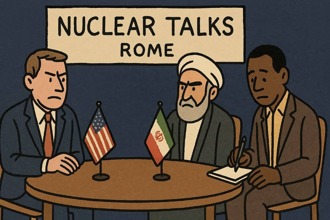 U.S. and Iranian officials meeting at a round table in RomeFeatured Image Description:
The image shows two groups of diplomats sitting at a large round table inside a simple meeting room. Flags of the United States, Iran, and Italy are placed behind them. A notepad, pen, and water bottles are in front of each person. A large banner says "Rome 2025" on the wall. Security guards stand at the back. The people are in calm discussion.Featured Image Title:
Nuclear Talks in Rome 2025