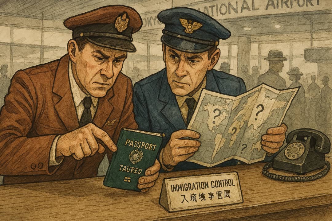 Two immigration officers in red and yellow tops inspecting a suspicious passport at counterFeatured Image Description:
A 2D cartoon shows two airport officials at a counter examining a dark green passport. One officer points at the document while the other checks a map. Their faces show confusion and suspicion against a plain blue background.Featured Image Title:
Airport passport mystery investigation