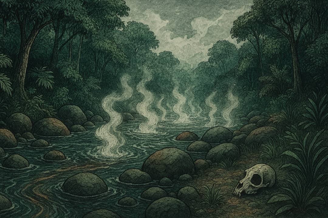 Steaming hot river in the Amazon forest with dense trees around it.Featured Image Description:
The image shows the Boiling River in the Amazon, where steam rises from the water due to extreme heat. The surrounding forest is thick with greenery, and the riverbank has smooth rocks from long exposure to high temperatures.Featured Image Title:
Amazon Boiling River steam