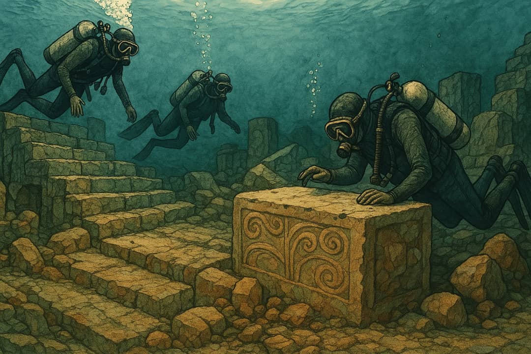 Underwater ruins of an ancient city with stone walls and steps.Featured Image Description:
A detailed illustration showing divers exploring submerged stone structures, including walls and steps, from the lost city of Dwarka.Featured Image Title:
Dwarka underwater ruins exploration