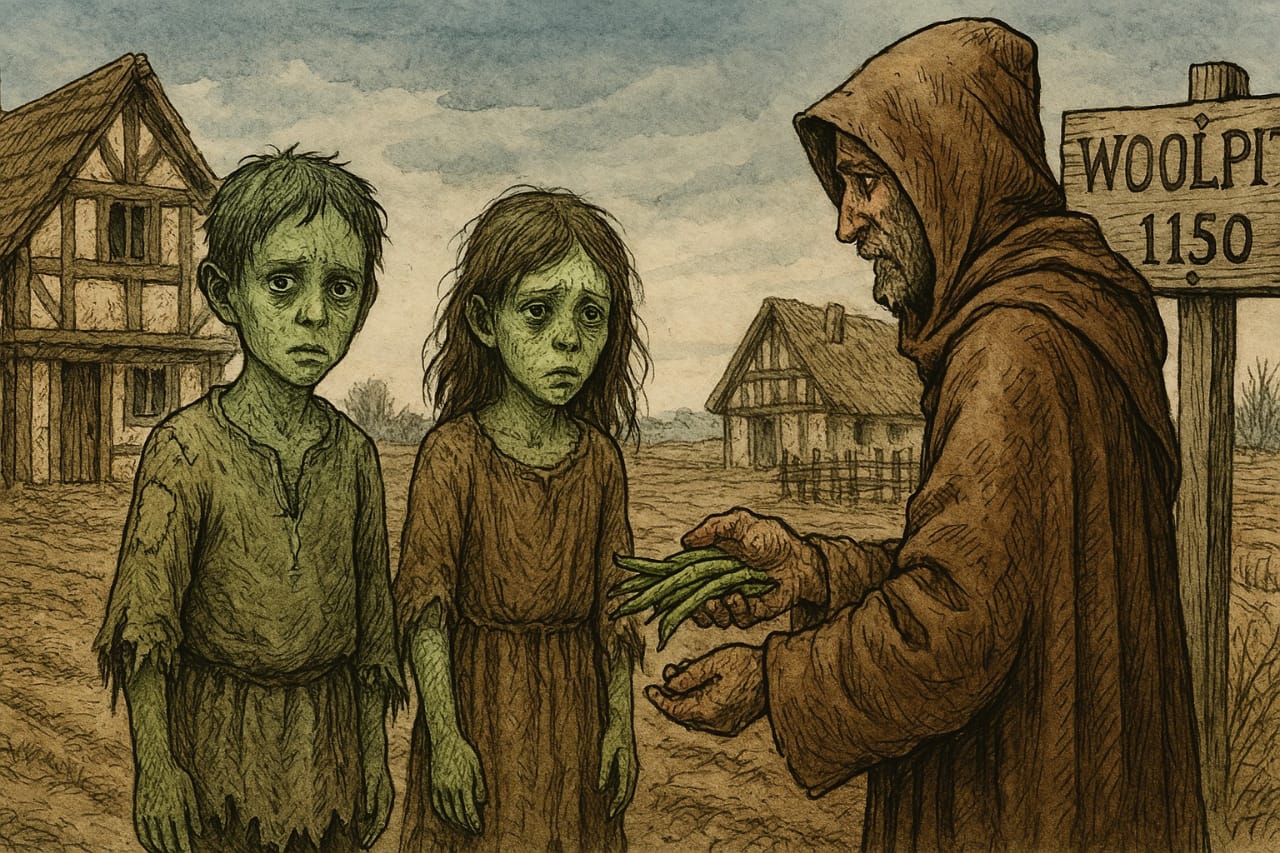 Two green-skinned children in strange clothing looking lost in a village.Featured Image Description:
A 2D cartoon-style image shows a boy and girl with green skin wearing unusual clothes. They stand near a field, looking tired and confused. The background is blue.Featured Image Title:
Green children in Woolpit village
