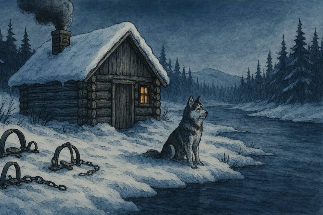 Small wooden trapper’s house in snowy wilderness near a frozen river.Featured Image Description:
An illustration of a remote trapper’s cabin covered in snow, with animal traps nearby and a frozen river in the background.Featured Image Title:
Mysterious trapper’s snowy cabin