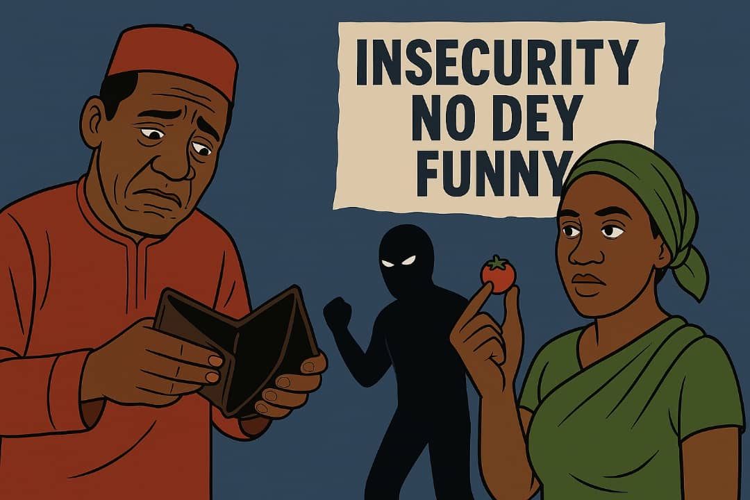 Nigerians struggling with high prices and insecurity in a local market.Featured Image Description:
A 2D cartoon shows a Nigerian man in a red kaftan and a market woman in a yellow wrapper stressed by rising costs. A price tag reads "₦2000 per tomato," highlighting economic hardship and insecurity.Featured Image Title:
Nigeria insecurity and hardship cartoon