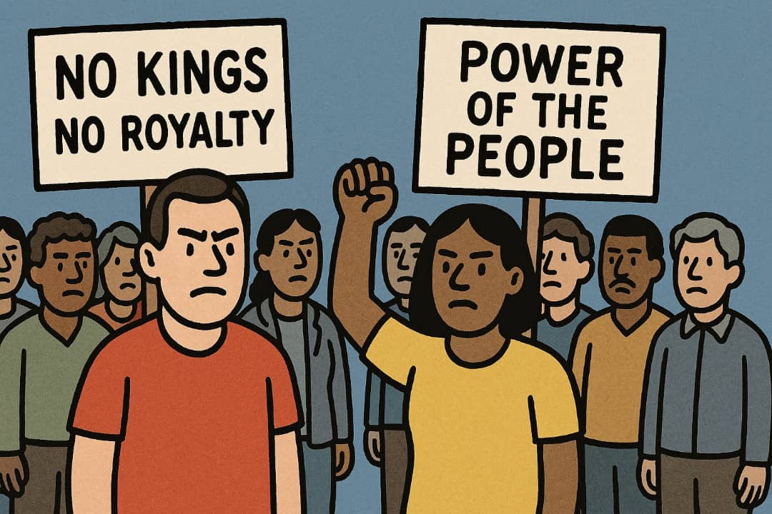 Protesters with signs gathered in a city street.Featured Image Description:
An illustration shows a diverse group of people holding protest signs. A man in a red shirt and a woman in a yellow shirt stand near a sign that reads "No Kings." The background is blue with minimal details.Featured Image Title:
"No Kings" protest crowd