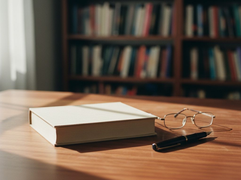 A minimalist composition of a hardcover book, glasses, and pen on a desk.Featured Image Description: The image portrays an organized workflow setup, literally linking the process of preparation to the production services described in the article.Featured Image Title: book-publishing-production-solutions-organized-desk-2025-10-23.jpg