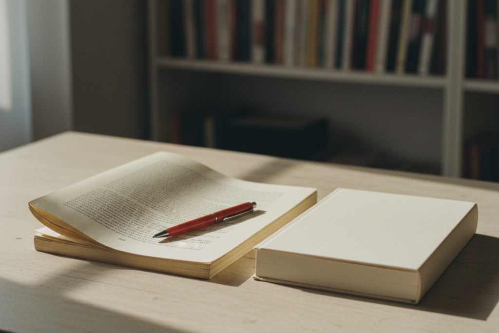 A manuscript and a red pen next to a newly printed hardcover book.