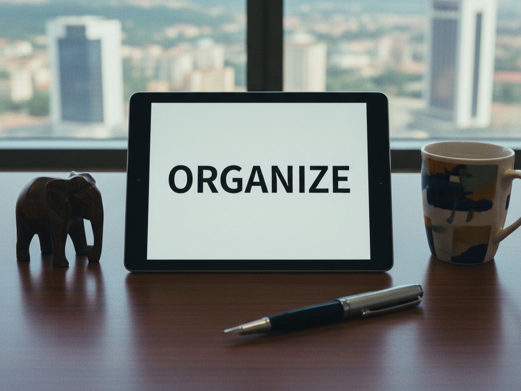 A tablet on an Abuja desk displaying 'ORGANIZE' with Nigerian decor.Featured Image Description:
This image shows business software tools maintaining clear organization of daily business operations.Featured Image Title:
business-software-tools-dashboard-2025-07-21.jpg