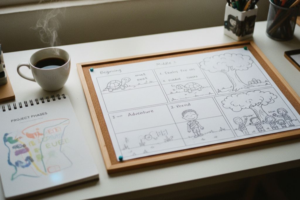 An overhead view of a children's book storyboard and plan on a desk in Lagos.
