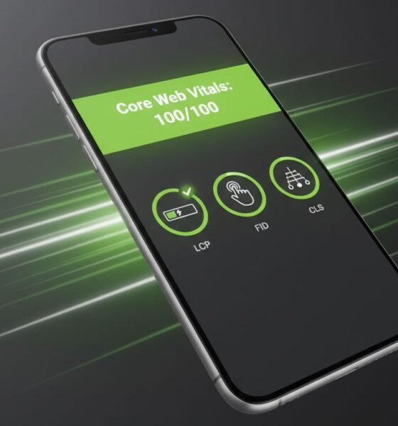 Core Web Vitals Checklist as mobile phone screen declares excellent performance with LCP FID CLS successFeatured Image Description: The image features a mobile device with a bright, green score card for Core Web Vitals, highlighting the "Excellent" status for LCP, FID, and CLS metrics.